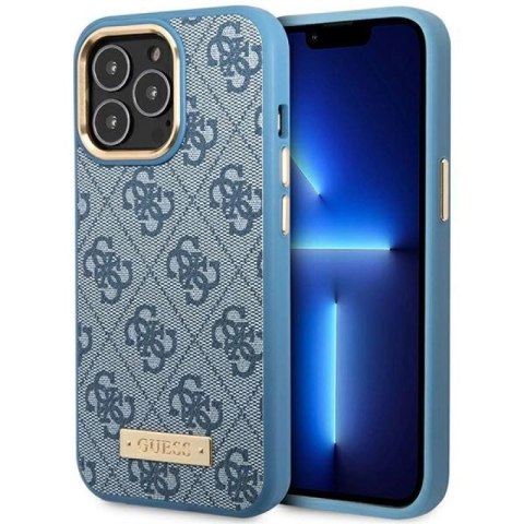 Etui Guess 4G Logo Plate MagSafe na iPhone 14 Pro - niebieskie Guess