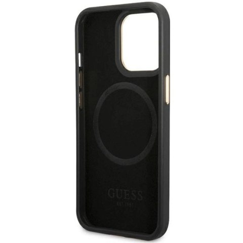Etui Guess Peony Logo Plate MagSafe na iPhone 14 Pro - czarne Guess