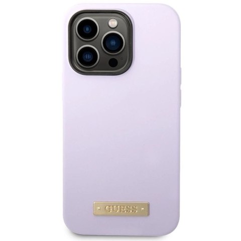 Etui Guess Silicone Logo Plate MagSafe na iPhone 14 Pro - fioletowe Guess