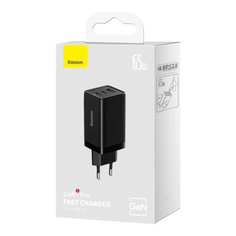 Szybka ładowarka sieciowa GaN 2xUSB C 1xUSB 65W Baseus GaN5 Pro + kabel USB C - USB C 100W - czarna Baseus