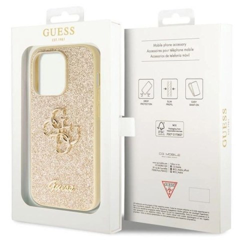 Etui Guess Glitter Script Big 4G na iPhone 14 Pro - złote Guess