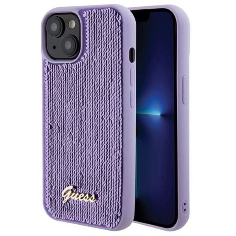 Etui Guess Sequin Script Metal na iPhone 15 - fioletowe Guess