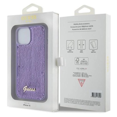 Etui Guess Sequin Script Metal na iPhone 15 - fioletowe Guess