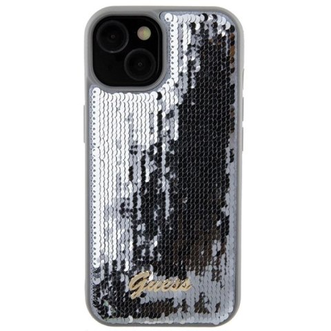 Etui Guess Sequin Script Metal na iPhone 15 - srebrne Guess