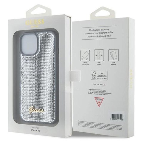 Etui Guess Sequin Script Metal na iPhone 15 - srebrne Guess