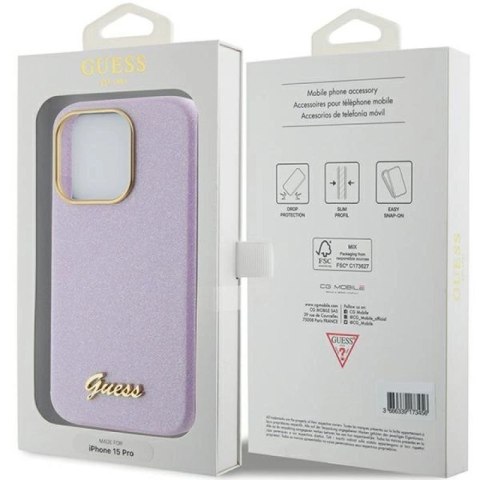 Etui Guess Glitter Glossy Script do iPhone 15 Pro - liliowe Guess