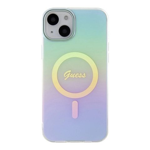 Etui Guess IML Iridescent MagSafe do iPhone 15 Plus - turkusowe Guess