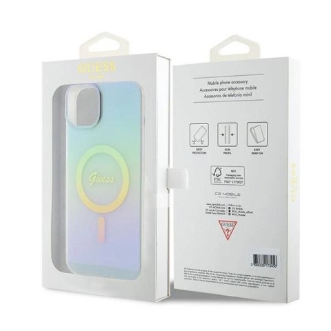 Etui Guess IML Iridescent MagSafe do iPhone 15 Plus - turkusowe Guess