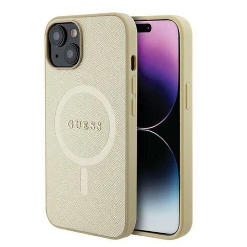 Etui Guess Saffiano MagSafe do iPhone 15 Plus - złote Guess