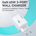 Ładowarka sieciowa GaN Wozinsky CGWCW 65W USB-A / 2 x USB-C - biała Wozinsky