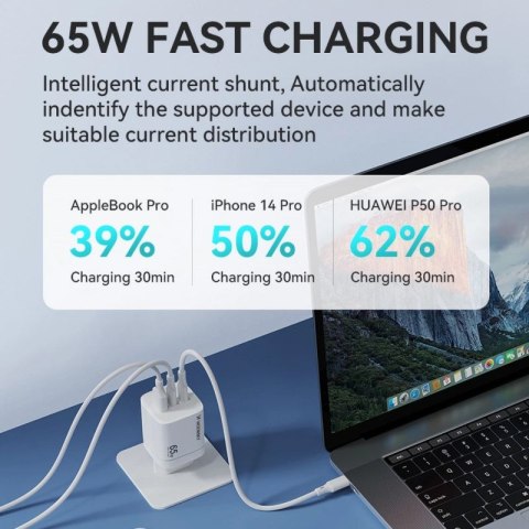 Ładowarka sieciowa GaN Wozinsky CGWCW 65W USB-A / 2 x USB-C - biała Wozinsky