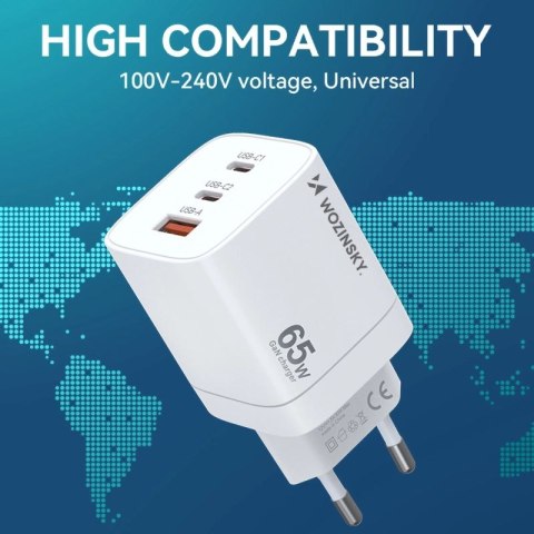 Ładowarka sieciowa GaN Wozinsky CGWCW 65W USB-A / 2 x USB-C - biała Wozinsky