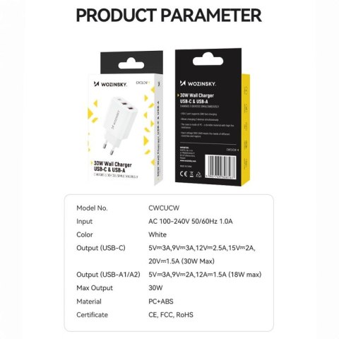 Ładowarka sieciowa Wozinsky CWCUCW 30W USB-C / 2 x USB-A - biała Wozinsky