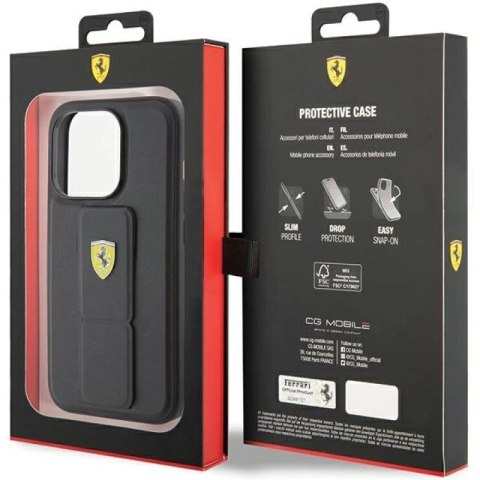 Etui Ferrari Grip Stand Metal Logo na iPhone 15 Pro - czarne Ferrari