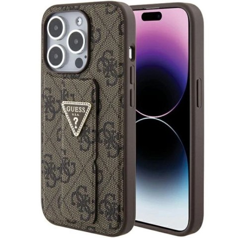 Etui Guess Grip Stand 4G Triangle Strass na iPhone 15 Pro - brązowe Guess