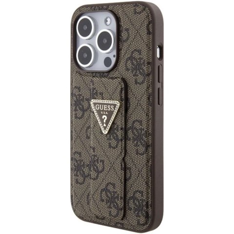 Etui Guess Grip Stand 4G Triangle Strass na iPhone 15 Pro - brązowe Guess