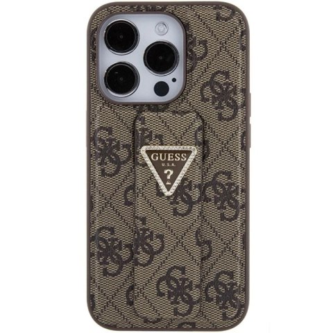 Etui Guess Grip Stand 4G Triangle Strass na iPhone 15 Pro - brązowe Guess