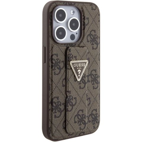 Etui Guess Grip Stand 4G Triangle Strass na iPhone 15 Pro - brązowe Guess
