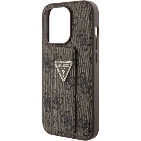 Etui Guess Grip Stand 4G Triangle Strass na iPhone 15 Pro - brązowe Guess