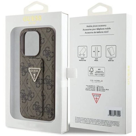 Etui Guess Grip Stand 4G Triangle Strass na iPhone 15 Pro - brązowe Guess