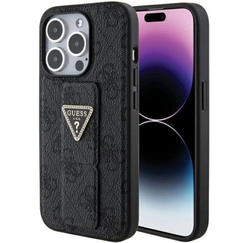 Etui Guess Grip Stand 4G Triangle Strass na iPhone 15 Pro - czarne Guess