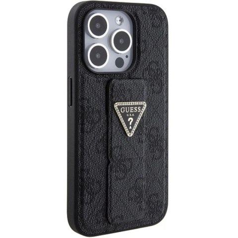 Etui Guess Grip Stand 4G Triangle Strass na iPhone 15 Pro - czarne Guess