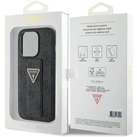 Etui Guess Grip Stand 4G Triangle Strass na iPhone 15 Pro - czarne Guess