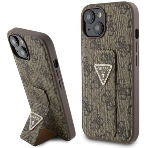 Etui Guess Grip Stand 4G Triangle Strass na iPhone 15 - brązowe Guess