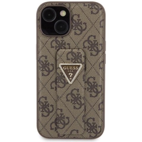 Etui Guess Grip Stand 4G Triangle Strass na iPhone 15 - brązowe Guess
