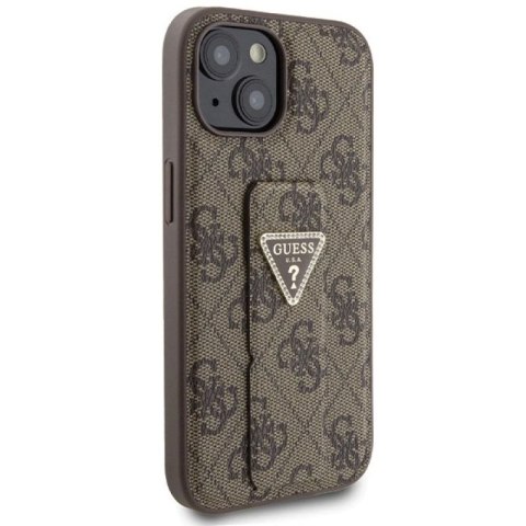 Etui Guess Grip Stand 4G Triangle Strass na iPhone 15 - brązowe Guess