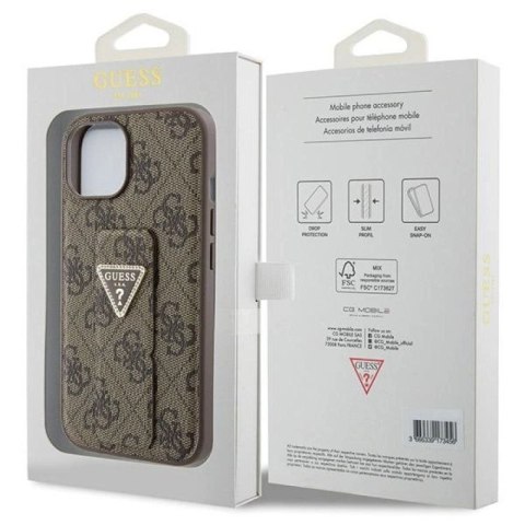 Etui Guess Grip Stand 4G Triangle Strass na iPhone 15 - brązowe Guess