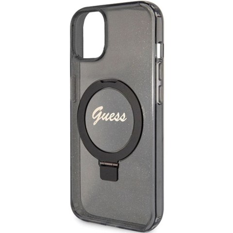 Etui Guess Ring Stand Script Glitter MagSafe na iPhone 15 Plus / 14 Plus - czarne Guess