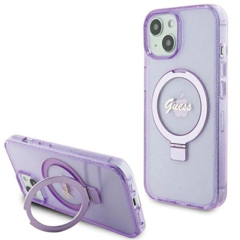 Etui Guess Ring Stand Script Glitter MagSafe na iPhone 15 Plus / 14 Plus - fioletowe Guess