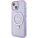 Etui Guess Ring Stand Script Glitter MagSafe na iPhone 15 Plus / 14 Plus - fioletowe Guess