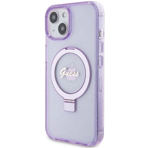 Etui Guess Ring Stand Script Glitter MagSafe na iPhone 15 Plus / 14 Plus - fioletowe Guess
