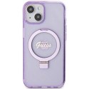 Etui Guess Ring Stand Script Glitter MagSafe na iPhone 15 Plus / 14 Plus - fioletowe Guess
