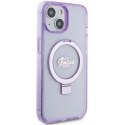 Etui Guess Ring Stand Script Glitter MagSafe na iPhone 15 Plus / 14 Plus - fioletowe Guess