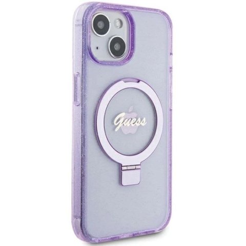Etui Guess Ring Stand Script Glitter MagSafe na iPhone 15 Plus / 14 Plus - fioletowe Guess