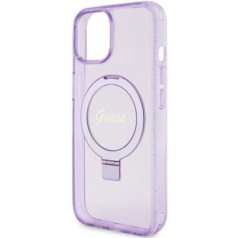 Etui Guess Ring Stand Script Glitter MagSafe na iPhone 15 Plus / 14 Plus - fioletowe Guess