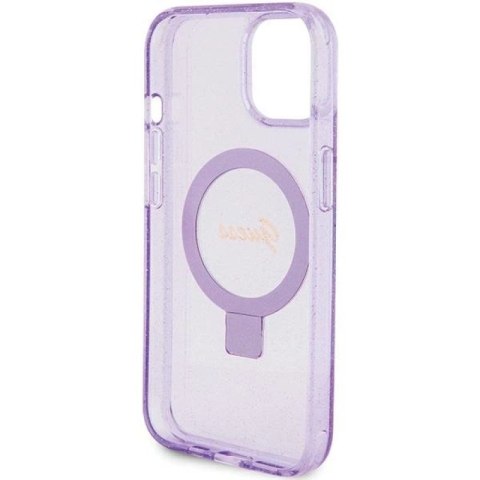 Etui Guess Ring Stand Script Glitter MagSafe na iPhone 15 Plus / 14 Plus - fioletowe Guess