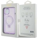 Etui Guess Ring Stand Script Glitter MagSafe na iPhone 15 Plus / 14 Plus - fioletowe Guess