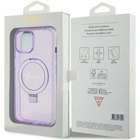 Etui Guess Ring Stand Script Glitter MagSafe na iPhone 15 Plus / 14 Plus - fioletowe Guess
