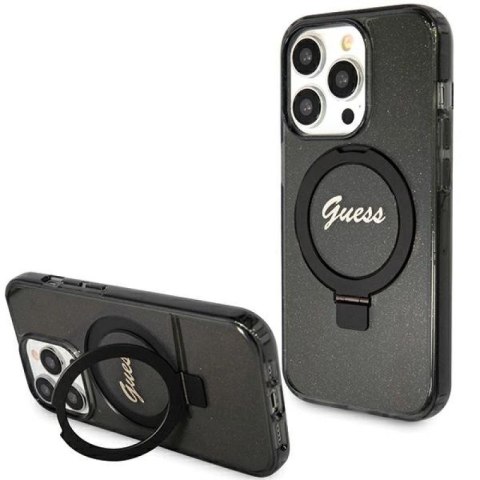 Etui Guess Ring Stand Script Glitter MagSafe na iPhone 15 Pro - czarne Guess