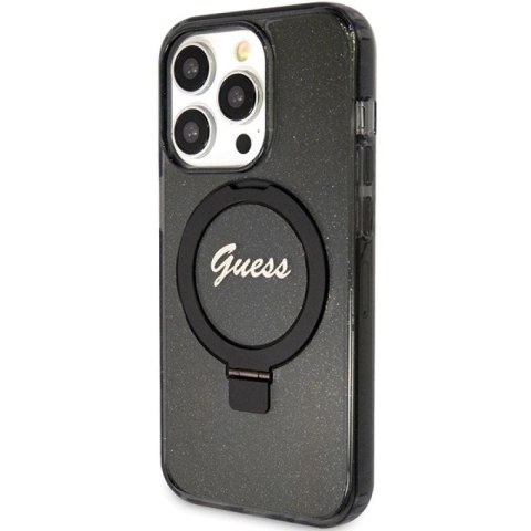 Etui Guess Ring Stand Script Glitter MagSafe na iPhone 15 Pro - czarne Guess