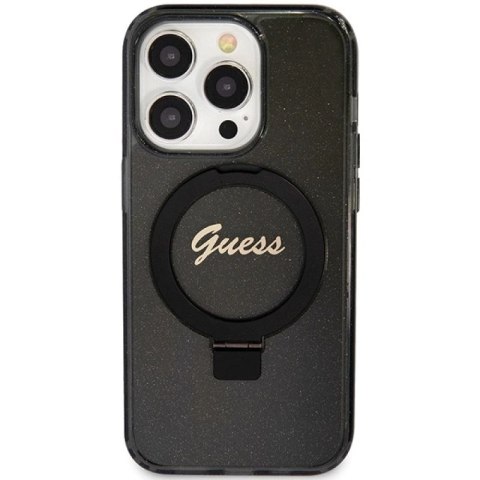 Etui Guess Ring Stand Script Glitter MagSafe na iPhone 15 Pro - czarne Guess