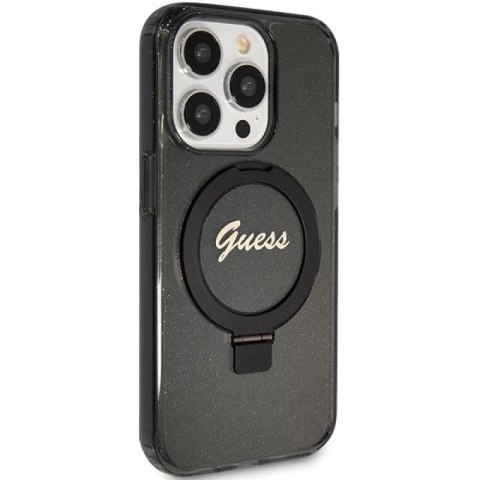 Etui Guess Ring Stand Script Glitter MagSafe na iPhone 15 Pro - czarne Guess