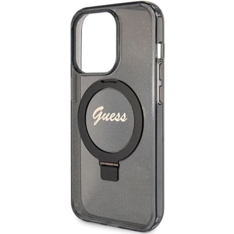 Etui Guess Ring Stand Script Glitter MagSafe na iPhone 15 Pro - czarne Guess