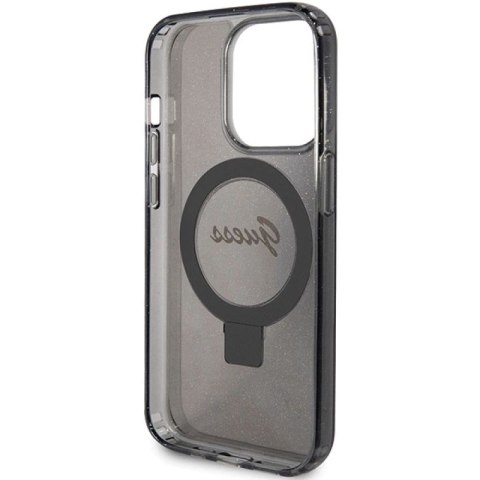 Etui Guess Ring Stand Script Glitter MagSafe na iPhone 15 Pro - czarne Guess