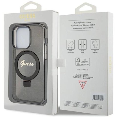 Etui Guess Ring Stand Script Glitter MagSafe na iPhone 15 Pro - czarne Guess