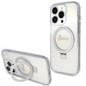 Etui Guess Ring Stand Script Glitter MagSafe na iPhone 15 Pro - przezroczyste Guess